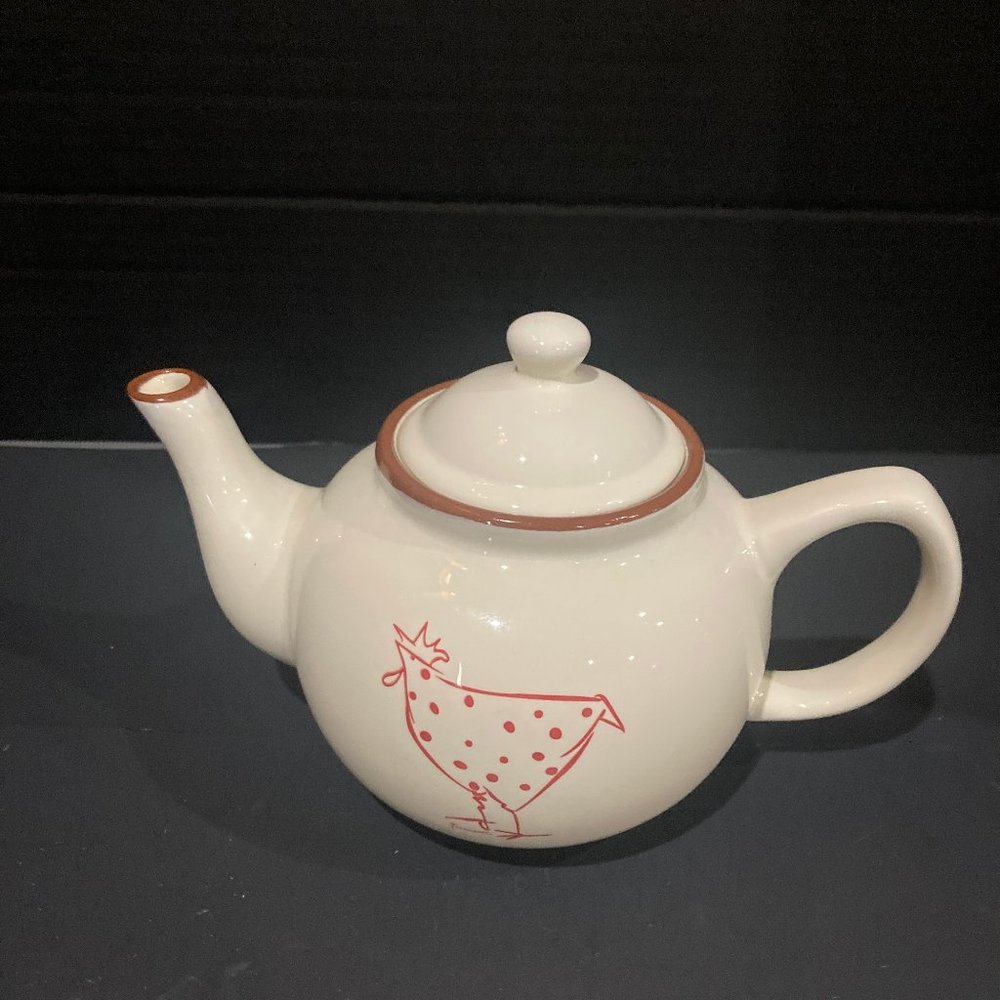 Terracotta Teapot Tea Pot with Chicken Rooster Polka Dots by Coastline Imports